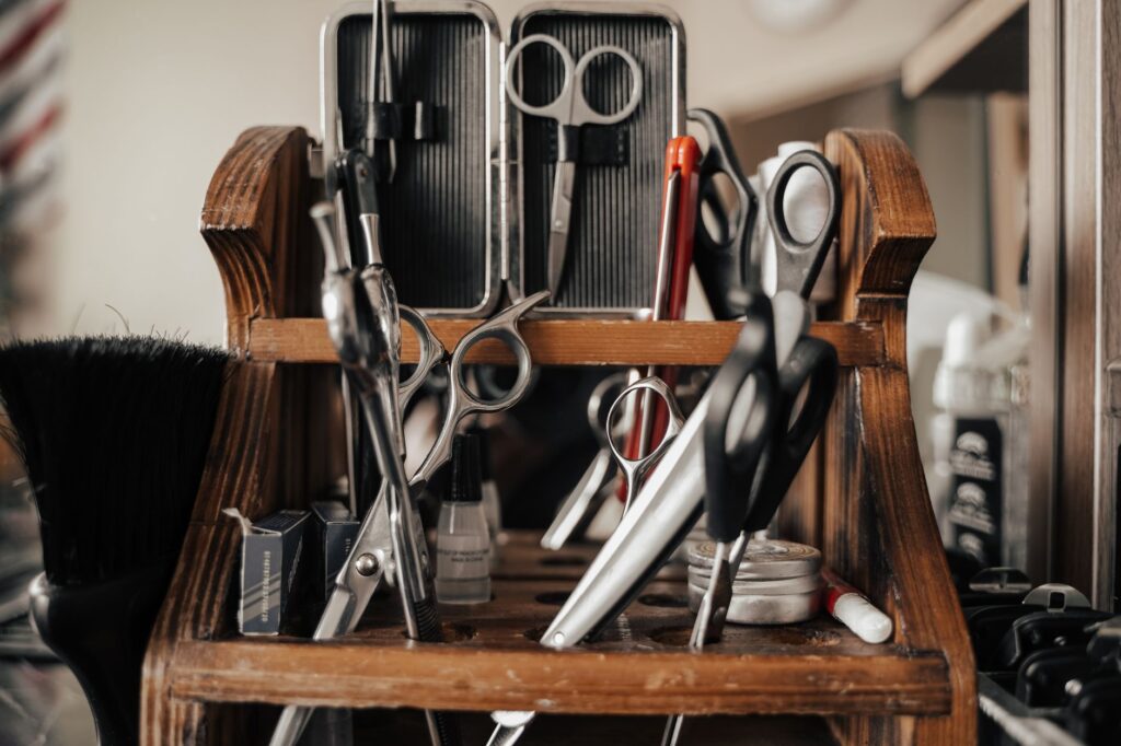 Professional barber workstation with tools and supplies ready